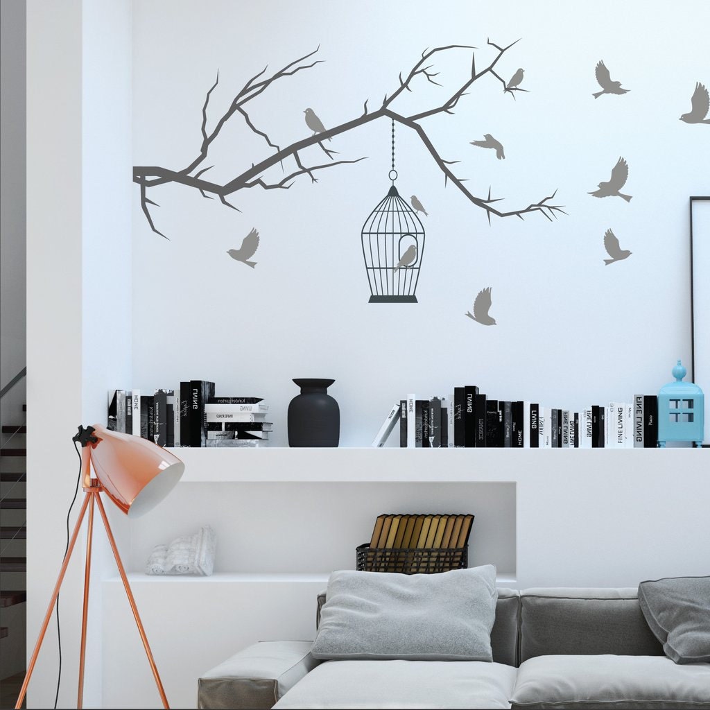 Branch With Birds Wall Decal Stickers Birdcage Vinyl by Wallboss