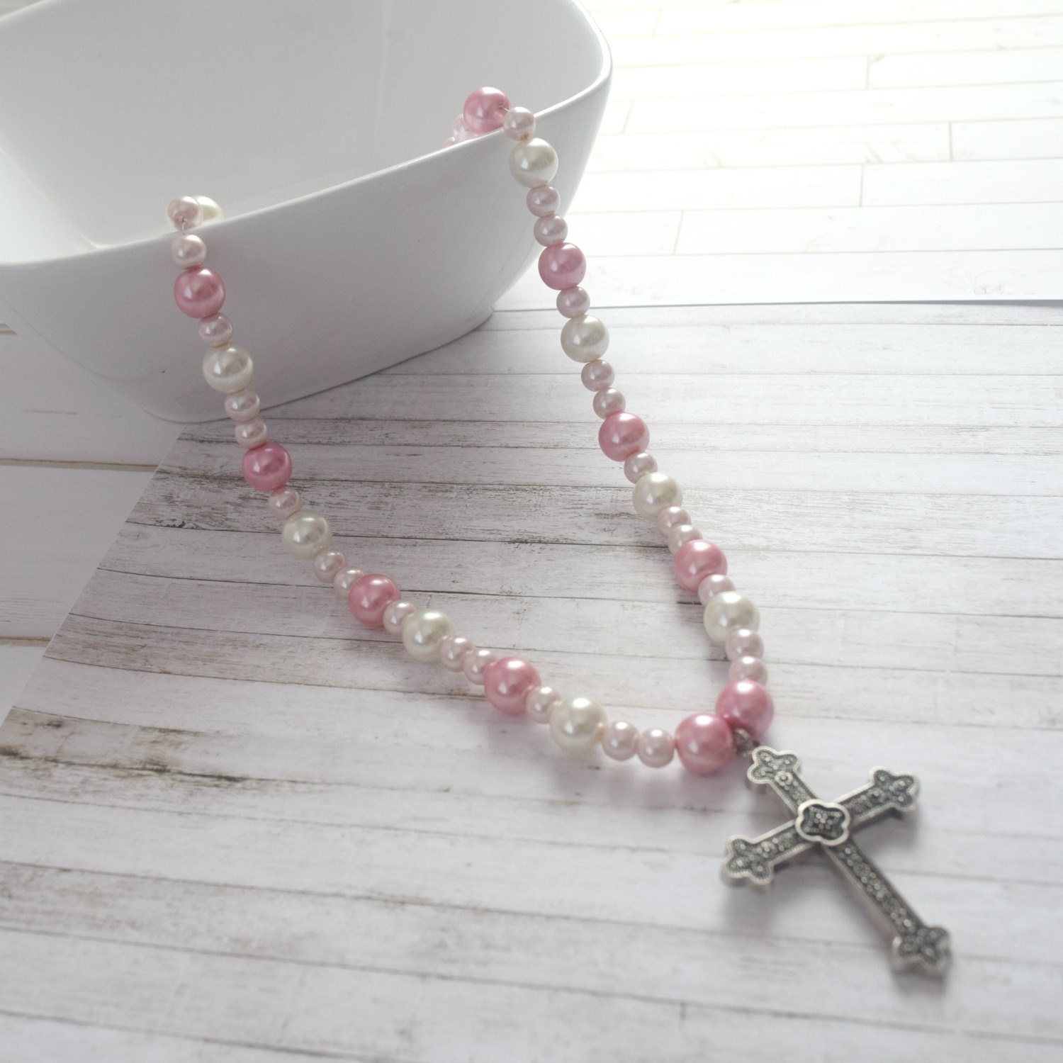 Faux Pearl Cross Necklace W/ Large Filgree Cross Christian