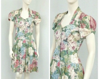 Vintage 80s Carol Anderson Blue Floral Dress, Cotton Dress, Puff Sleeve Dress, Summer Dress, Knee Length Dress, Sweetheart Dress
