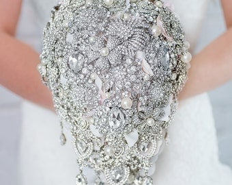 Custom Cascading Brooch Bouquet, Teardrop Silver Rhinestone Wedding Bouquet, Silk Flower Broach Bouquet, Diamante Jewelry Crystal - 9 inch