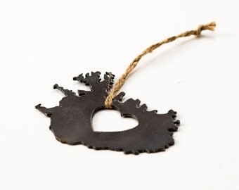 Heart Iceland Christmas Ornament, Steel Ornament, Travel Memento, Industrial Decor, Christmas Gift