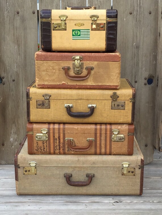 vintage tan striped suitcases luggage set of 5 stackable