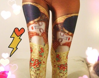 KISS Leggings/Gustav Klimt Painting Leggings/ Art Oil Painting Workout Pants Pilates /Yoga Leggings/Fitness Pants Tights pants dp38