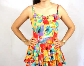 Vintage Floral Dress Summer Frills Furbellows Colorful Flower Women M