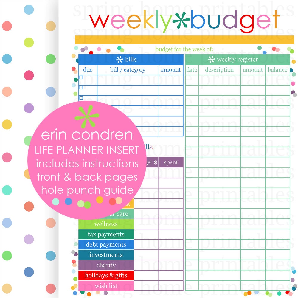 WEEKLY BUDGET Erin Condren Life Planner by SpringHomePrintables