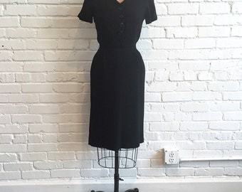 1950s Black Linen Dress // 50s Little Black Dress LBD // Vintage 1950s Black Wiggle Dress