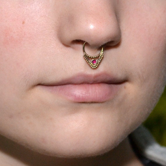 Gold Septum Ring 2mm Red Ruby - Septum Piercing 14 gauge - Nose Ring Hoop - Tragus Jewelry - Daith Piercing - Forward Helix Earring