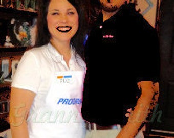 Combo: Progressive White Flo Apron & Mayhem Black Shirt with Flo name badge, head band, and I <3 insurance pin