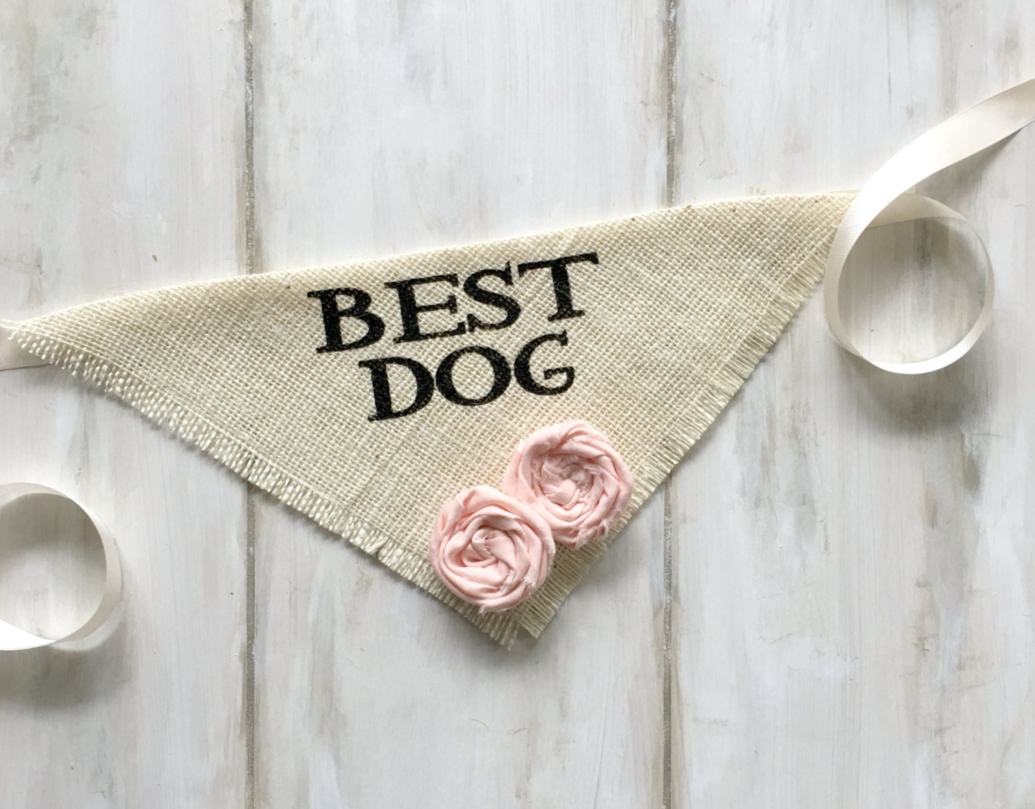 Wedding Dog Bandana Best Dog Ivory Burlap Fabric Roses
