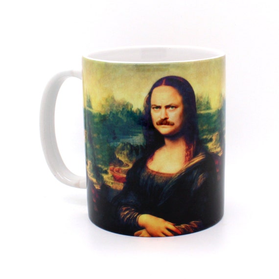 mona lisa questions mug, Ron Nick mug, meme him, funny unique for gifts Offerman Swanson