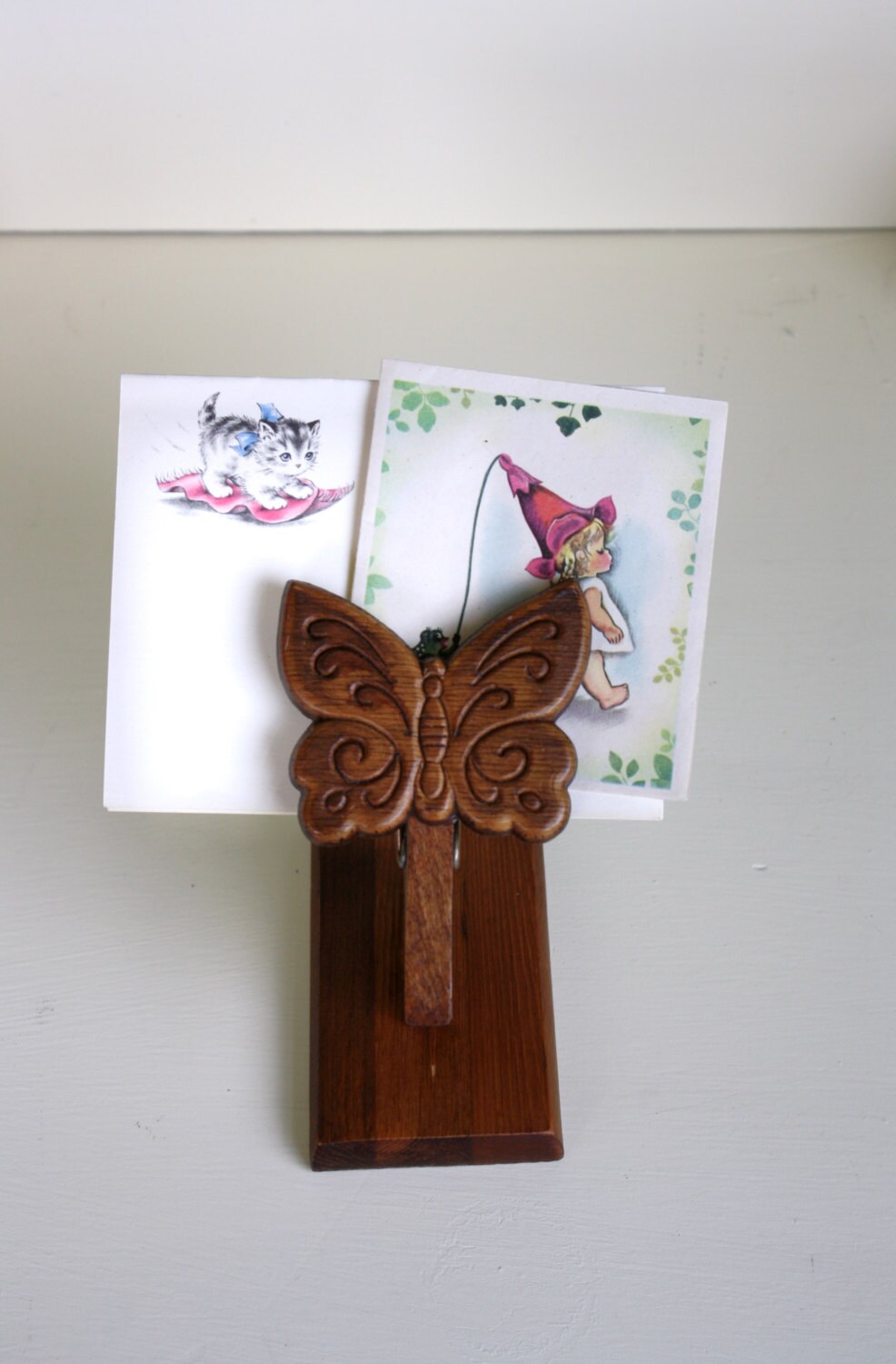 Wood Butterfly Paper Clip Note Holder Vintage Office Decor