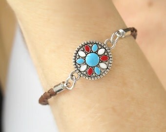 Southwestern Jewelry-Turquoise Flower Bracelet-Turquoise Jewelry-Simple Turquoise Bracelet-Hippie Bracelet-Tribal Sun Bracelet- Gift For Her
