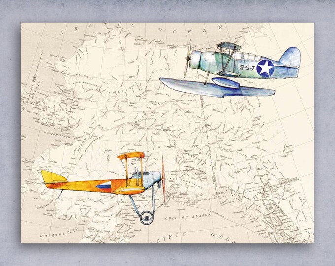 Airplane Map decor Alaska map prints Vintage aircraft Watercolor Old map poster Boys art Aviation art Baby boy nursery wall art