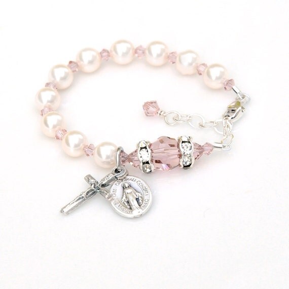 Baby Girl Baptism Gift Rosary Bracelet Ivory Cream Swarovski