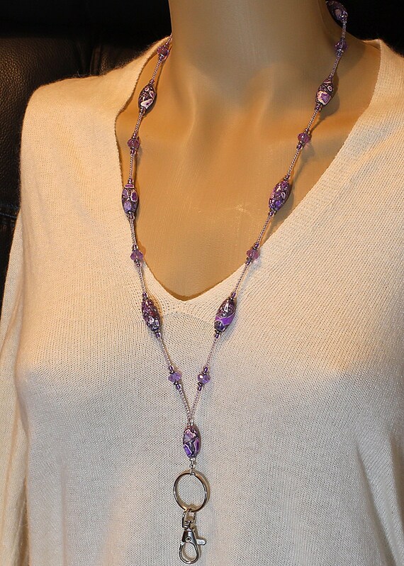 Purple Beaded Lanyard Crystal Beaded ID by PawtasticDesignsGems