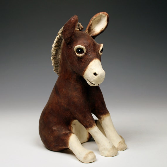 Ceramic donkey sculpture brown and white ceramic sitting