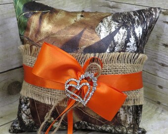 Mossy Oak Camo Ring Bearer Pillow with Burlap, Camo Ring Bearer Pillow with Burlap and Orange Accents, Wedding Ring Bearer Pillow