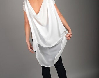 See Through Blouse, Asymmetric Tunic, Plus Size Shirt, Womens White Blouse, Chiffon Layered Blouse, Short Sleeve Tunic, Womens Loose Shirt