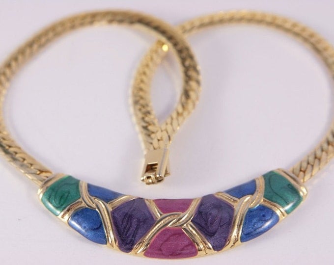 Multi Colour Bib Necklace Purple Violet Blue Green Vintage Choker Snake Chain Necklace Enamel Necklace Gold Wide Necklace Chanel Style 1950s