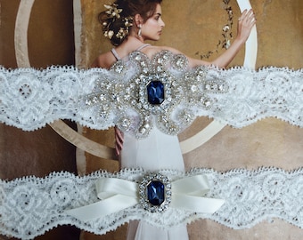 Navy Blue Vintage Wedding Garter Set, Crystal Bridal Garter Set, Vintage Inspired Wedding Stretch Lace Garter, Bridal Garter, Garter