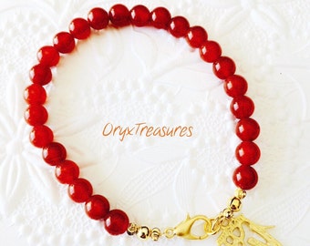 Natural Dark Orange-red Carnelian Agate Aqiq | Beaded Bracelet | 22K Gold Plated Tiny Beads | Allah Charm