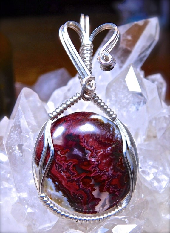 Wire Wrapped RED OPAL Pendant in Argentium 935 Silver Healing