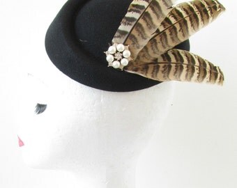 Black Pheasant Feather Pillbox Hat Fascinator Vintage 1940s Races Brown 1920s S70 Burlesque Occasion