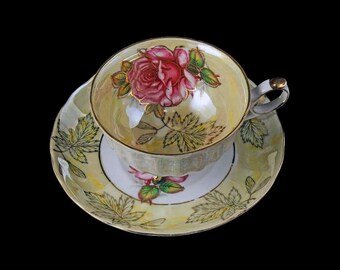 Three Footed Teacup and Saucer, Royal Halsey, Lusterware, Pink Rose and Leaf, Light Yellow, Gold Trim, Fine China, Opalescent, Iridescent