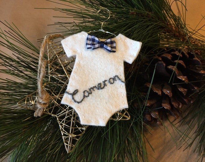 Felt Baby Onesie Ornament with hand-embroidered name and gingham bow tie - for boys