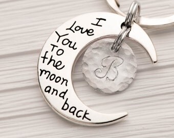 moon keychain with initial and I love you to the moon and back keyring - gift for mom from daughter as bff keychain as valentine gift.