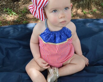 Americana romper// baby romper// cotton romper// summer romper// baby girl romper// tie romper// bubble romper// sunsuit romper