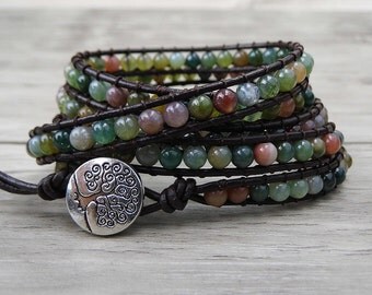 Leather Wrap bracelet India Agate bead bracelet women boho bead wrap bracelet leather bracelet gemstone bracelet natural stone Jewelry SL039