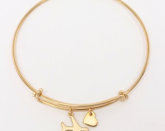 Gold or Silver Love Travel Bracelet, Airplane & Heart Bangle, Pilot Bracelet, Flight Attendant Bangle, World Traveler, Study Abroad Gift