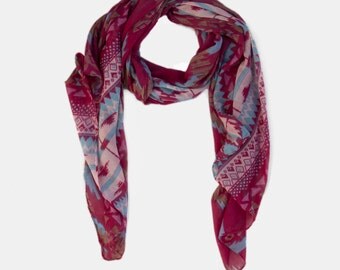 Aztec Printed Viscose scarf, Tribal Print Scarf, Fuchsia scarf, Summer scarf, Dark Pink Scarf, Gift scarf, scarf on sale,