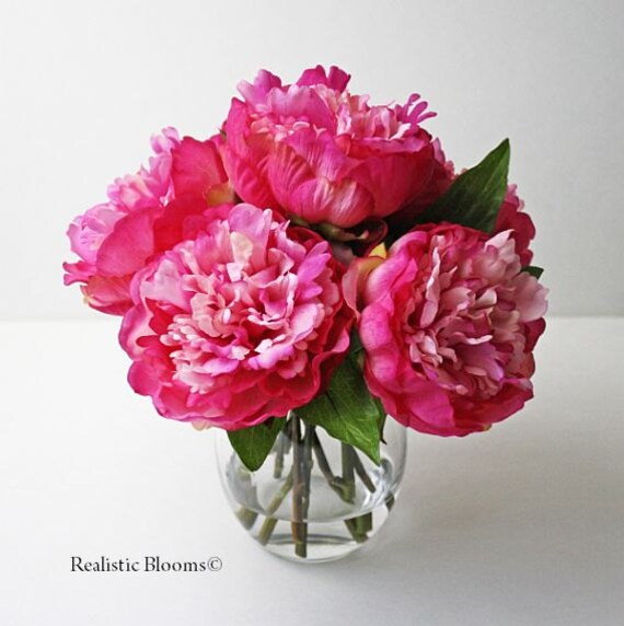 Large pink silk peony/peonies glass vase faux by RealisticBlooms