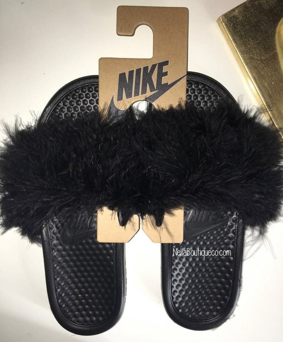 Black Nike Faux Fur Slides by NellaBoutique on Etsy