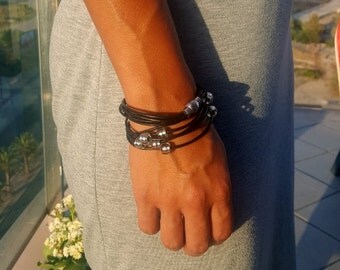 Black leather bracelet Boho chic double wrap bracelet Bright shiny Ibiza style wrap
