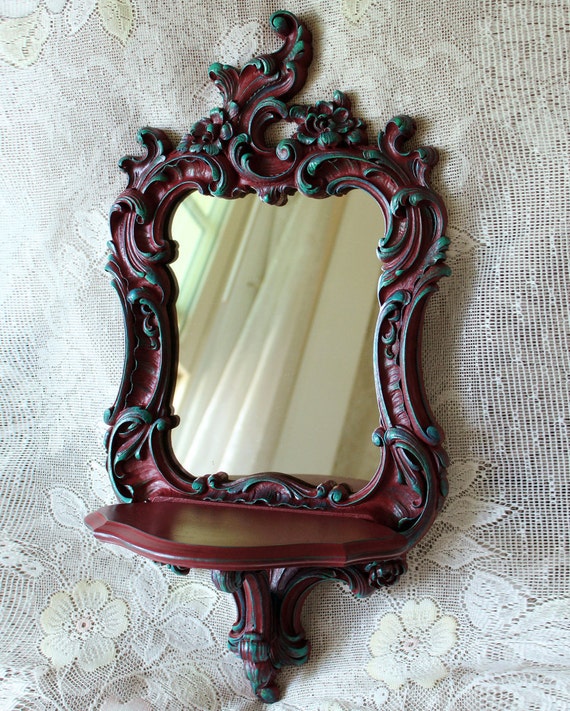 Victorian Style Mirror Shelf Genuine Syroco Wood Red Teal Hand
