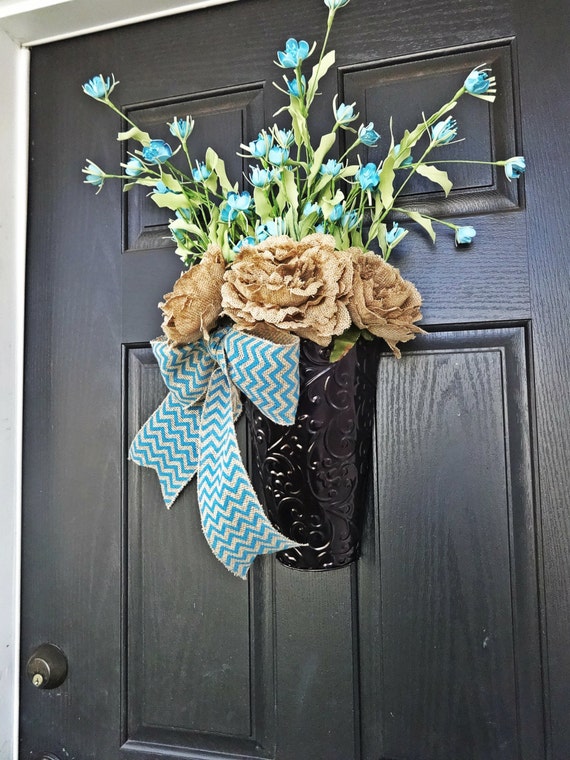Items similar to Spring Bucket Wreath, Blue Spring Wreath, Burlap and