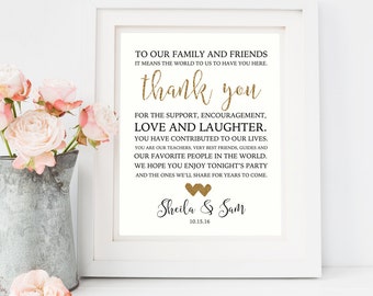 Wedding Thank You Printable/ To Our Family/ Thank You Wedding Sign/ Wedding signage/ Wedding Printables/ Reception Sign/ Gold wedding