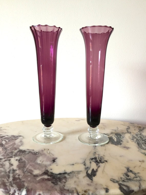 Items Similar To Amethyst Long Stem Vase Hand Blown Fluted Amethyst Vase Amethyst Glass Vase