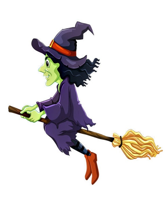 Halloween Witch on Broom Image Green Purple Witch by EerieBeth