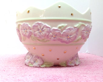 LENOX CANDY DISH is a 5" Round Deep Glazed Ivory Porcelain Bowl with Geometric Rim, Raised Hand Painted Pale Lilac Pansies & 24K Gold Beads