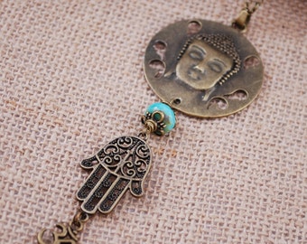 Big Buddha pendant, Ohm symbol necklace, spiritual jewelry, yoga gifts, charm necklace, hamsa hand necklace