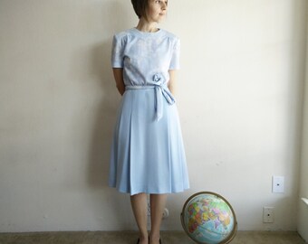 Vintage 1960s Blue Floral Pleated Dress/60s Dress