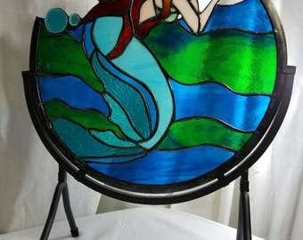Keeper of the Sea 14 Inch Redheaded Mermaid and Wave Stained Glass Panel with Teal Shell in Aquas/Greens