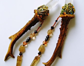 Magic Crystal Wand Set Roe Deer Antlers Talisman Lemurian Gold Rutile Smoky Quartz Pagan Altar Art Wiccan WOODLAND MAGIC by Spinning Castle