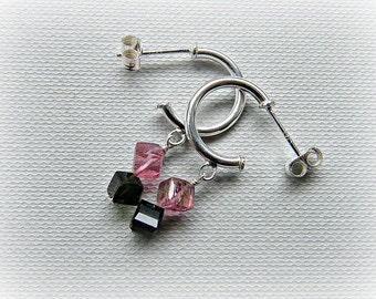 Cube studs, tourmaline earrings, silver hoop earrings small, pink green tourmaline earrings, tourmaline cubes, October birthstone earrings