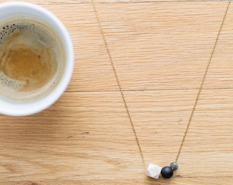 Essential Oil Diffuser Necklace // Wood, Black Agate & Gemstone Bead on Gold Chain