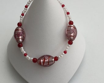 Handmade Red and Cream Beaded Bracelet